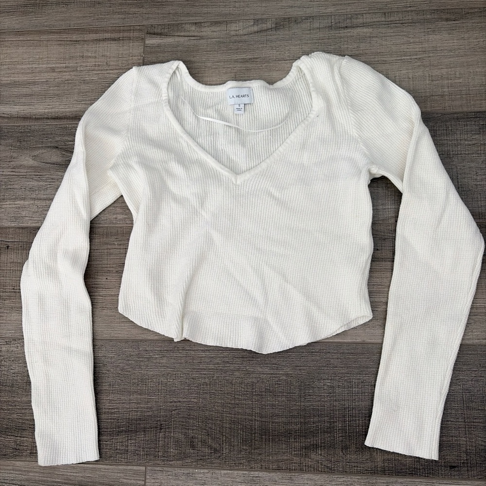 La Hearts Women's Off-White Ribbed Long Sleeve Top
